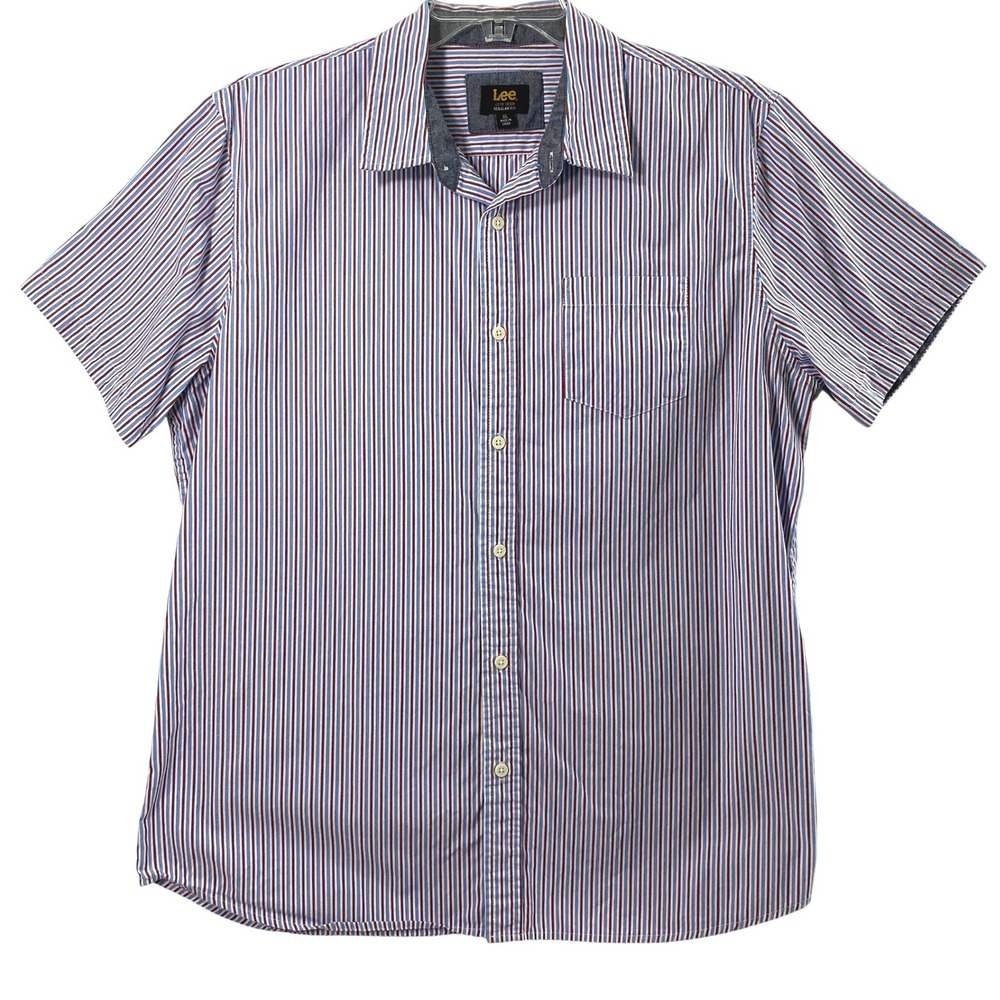 Lee Shirt Men XL Regular Fit Button Up Short Sleeve Stripe Red White Blue Casual